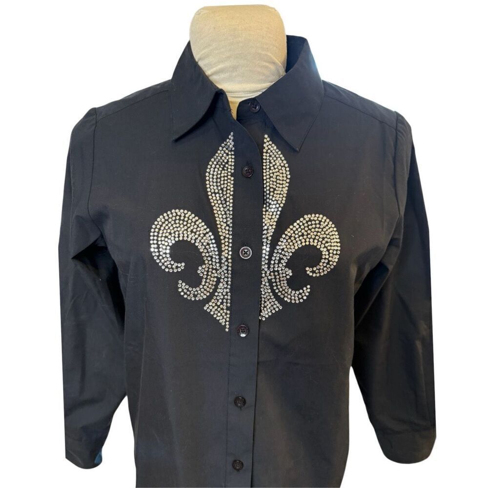 Quacker Factory Rhinestone Fleur de Lis Oversized Blouse Black Sz. S Stretch - Picture 2 of 7